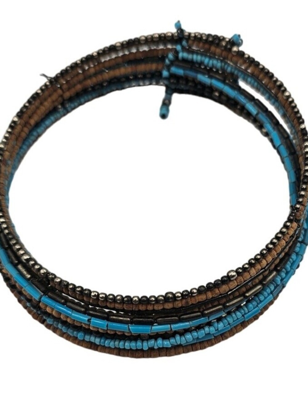 Vintage Y2K Multi Strand Seed Bead Slip On Cuff Bracelet Blue Brown